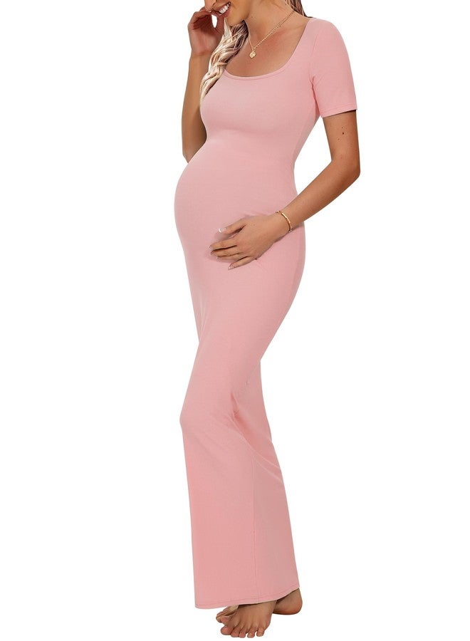 Peauty Maternity Dress for Photoshoot Baby Shower Dress for Mom to Be Pink Maternity Dresses Pregnancy Bodycon Dresses Stretchy Short Sleeve Soft Maxi Ribbed Wedding Guest Casual Clothes (Pink L) - Image 1
